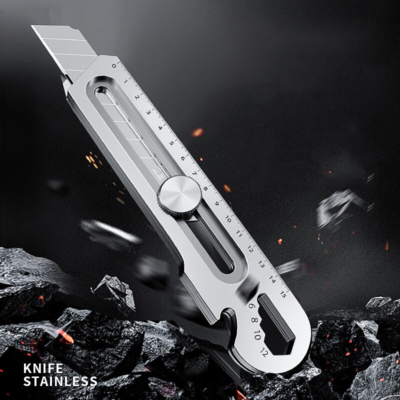 Couteau utilitaire multifonctionnel en acier inoxydable, 6 en 1, règle, ouvre-bouteille, queue, déballage, couteau d'art, 18mm, 25mm