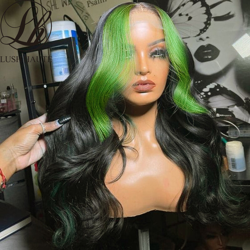 Peruca frontal de renda sintética destaque para mulheres, peruca de onda do corpo verde, renda HD sem cola, skunk listra cosplay perucas