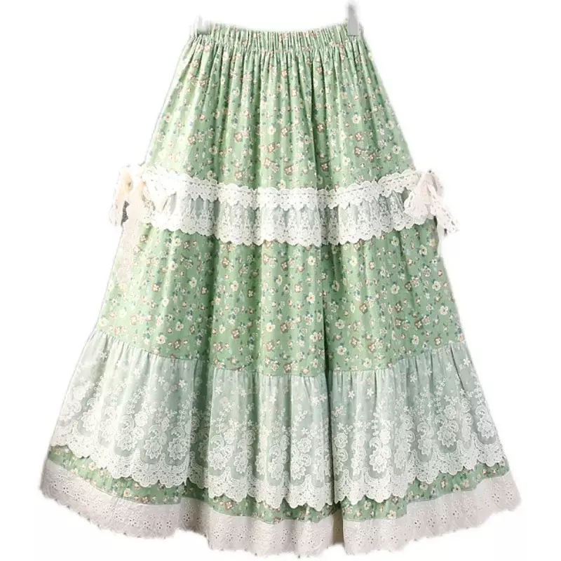 Spring Summer Mori Girl Floral Print Sweet Lace Embroidery Patchwork Skirt Women Elastic Waist Retro Vintage Cotton Linen Skirts