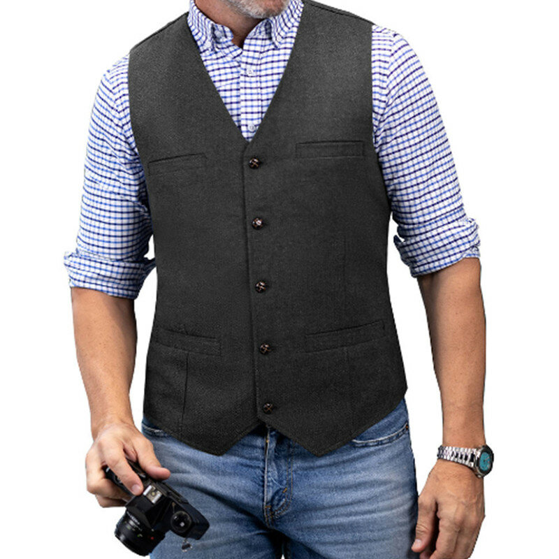 Mannen Casual Klassieke Pak Vest V-hals Visgraat Tweed Slim Fit Business Vest Voor Bruiloft