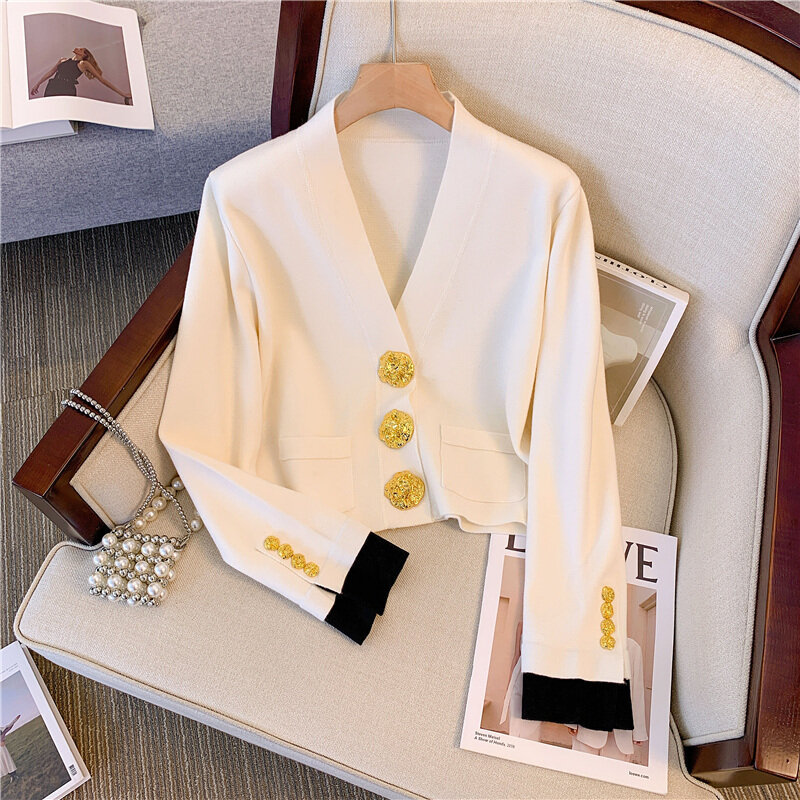 Vintage elegante Strickjacke mit V-Ausschnitt für Frauen Gold knöpfe Langarm Strick oberteile 2023 Herbst mode schicke Damen pullover