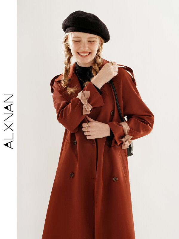 Женский свободный однобортный Тренч ALXNAN, куртка средней длины на бретелях с бантом, Осень-зима 2024