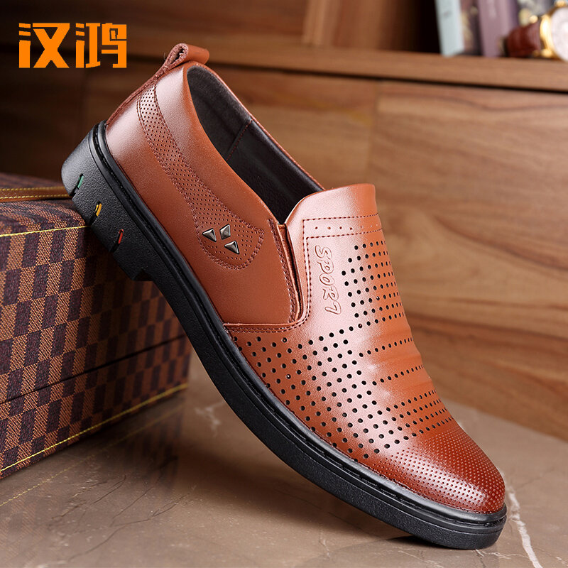 Han Hong Dad's Shoes Soft Sole Anti slip 2024 Summer New Breathable Sleeve Foot Hollow Men's Leather Shoes Genuine Leather