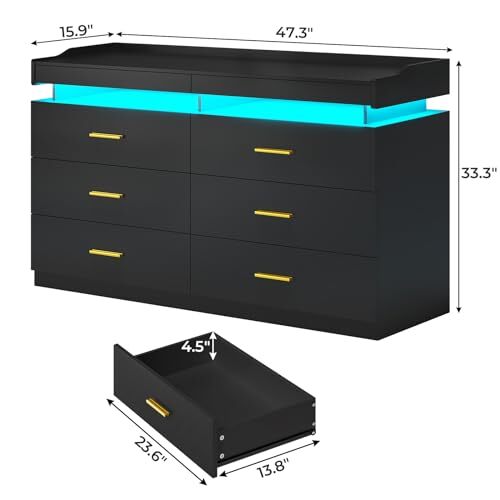 A! LED Dresser para quarto, Peito de gavetas, 6 gavetas Dresser com 2 bandejas pull-out