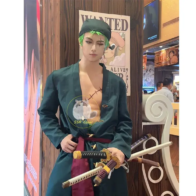 Anime Roronoa Zoro kostum Cosplay seragam mantel hijau celana sabuk syal kepala Roronoa Zoro Wig anting-anting pakaian Halloween pria