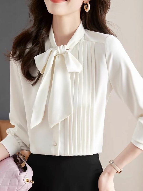 Camisa branca de manga comprida com gola curva para mulheres, top de chiffon, elegante, novo, primavera, 2021