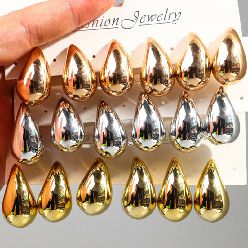 3 paia/set orecchini a cerchio a goccia d'acqua placcati in oro massiccio per le donne orecchini a goccia in acrilico multicolore liscio gioielli leggeri