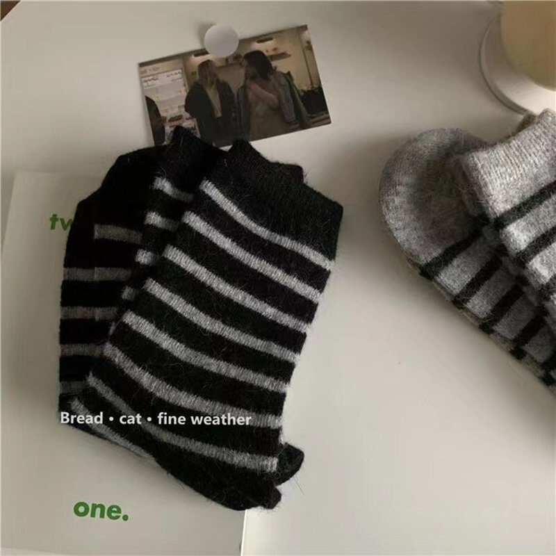 1Pair Retro Striped Short Socks For Women Men Autumn Winter Knitted Japanese Korean-Style Sock Casual Minimalist Warm Sock