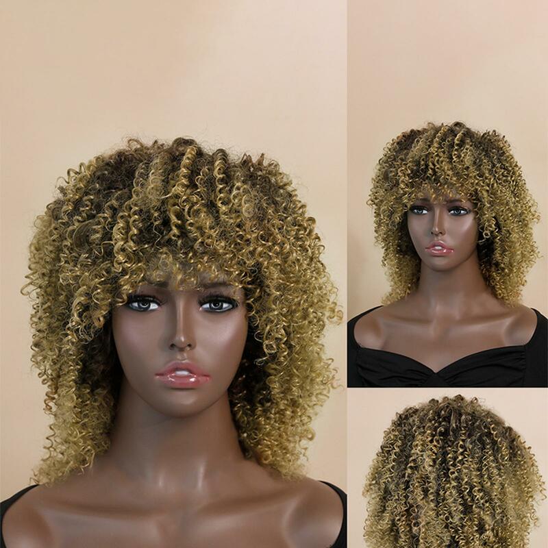 Curly Afro Wigs with Bangs, Resistente ao Calor, Completo, Diário, Casamento, Trabalho, Aureate