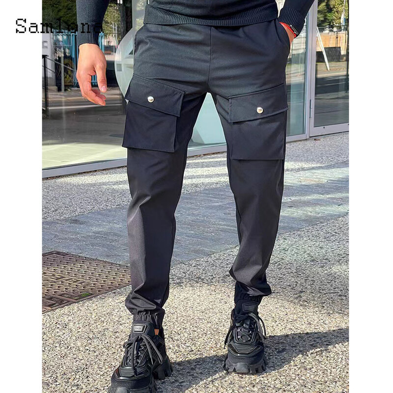 Мужские модные брюки 2024 в стиле хип-хоп с карманами и подставкой, однотонные изумрудные спортивные брюки длиной до щиколотки, мужские повседневные брюки со шнуровкой стандарта 3xl