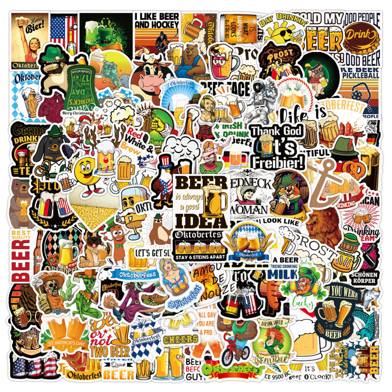 Engraçado Beer Oktoberfest Cartoon Graffiti Adesivos, Brinquedos DIY, Laptop, Motocicleta, Capacete, Copa, Telefone, Decalques Decoração, 10 Pcs, 30 Pcs, 50 Pcs, 100Pcs