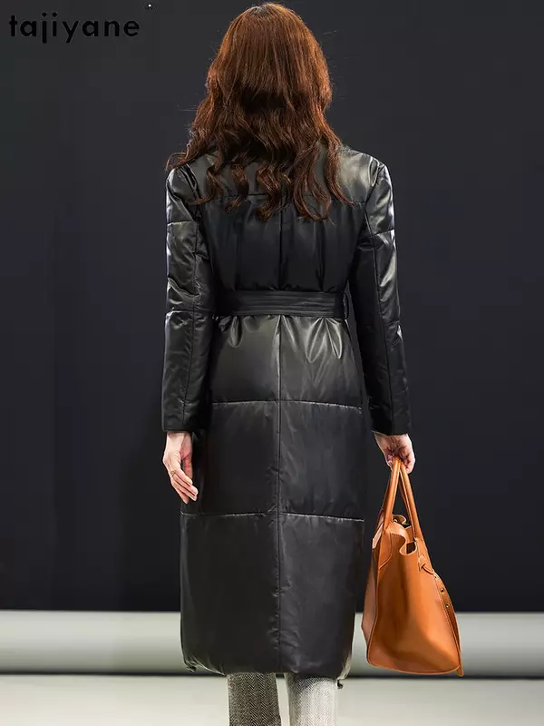 Tajiyane-jaqueta de couro de carneiro real de alta qualidade para mulheres, casaco de ganso branco luxuoso, casaco longo de pão quente, inverno