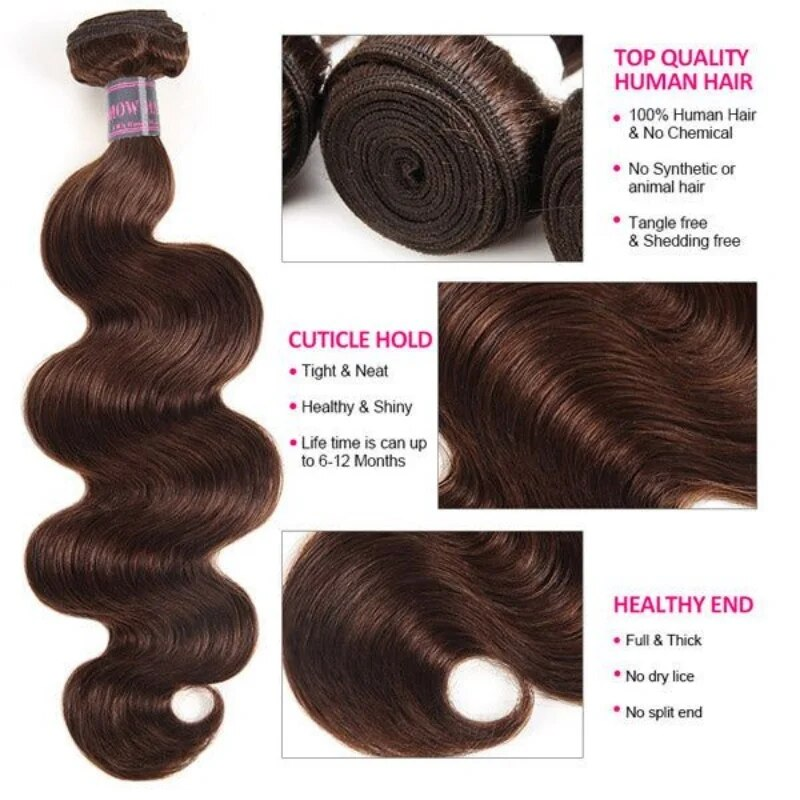 Queena-Body Wave Pacotes de cabelo humano para mulheres negras, extensões castanho chocolate, tecelagem, atacado, 1 Pacotes, 3 Pacotes, 4 Pacotes
