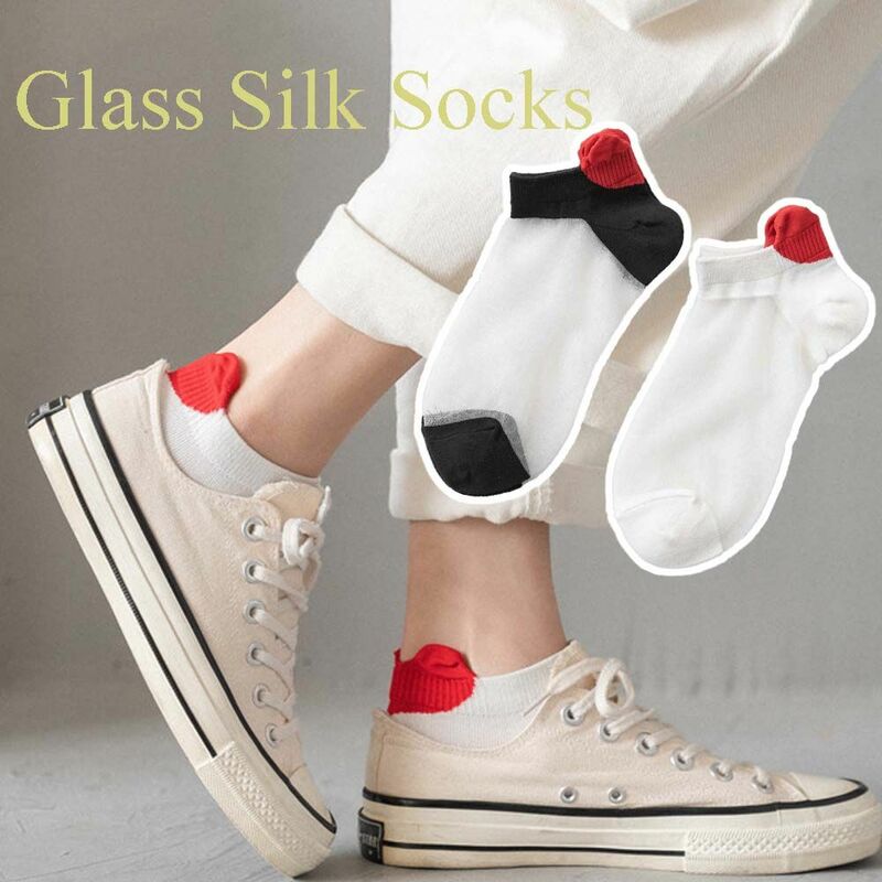 Crystal Silk Socks Spring Summer Girls Heel Love Glass Silk Socks Cotton Women Socks