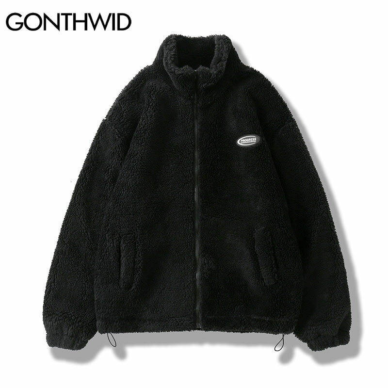 Hip-hopowa kurtka zimowa z polaru puszysta kurtka Streetwear Harajuku Fuzzy płaszcz z suwakiem mężczyźni jesień jednokolorowe lekkie kurtki czarny beżowy