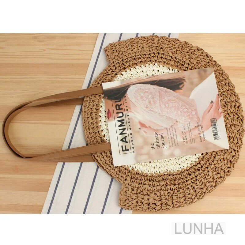 Damen Umhängetaschen Top-Griff Handtasche Papier Seil hand gefertigte gewebte Tasche Runde Spleißen Pastoral Einkaufstasche weiblich Sommer lässig