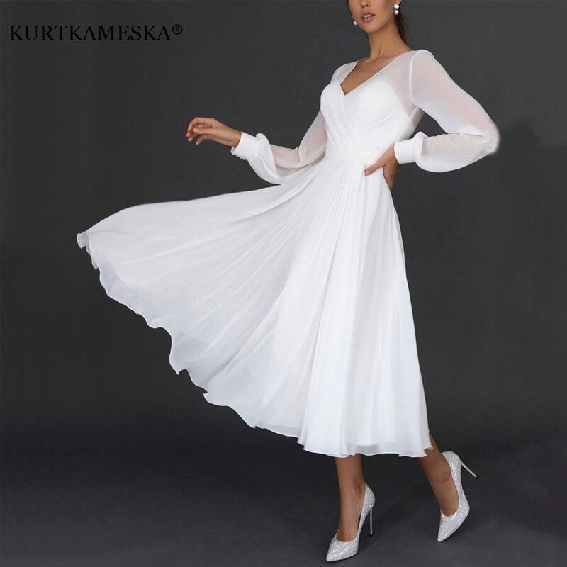 Elegancka seksowna z dekoltem w szpic z długim rękawem szyfonowa biała suknia dla panny młodej ślubna letnia kobieta 2024 wieczorowa wizytowa długie sukienki imprezowe gościnna