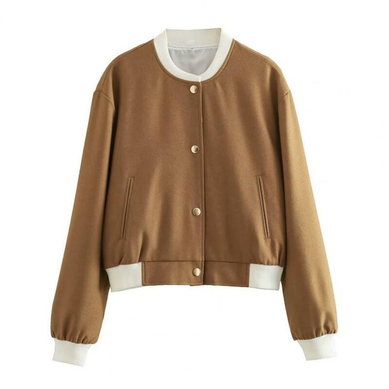 코트 스탠드 칼라 긴팔 포켓, 싱글 브레스트, 두껍고 부드럽고 따뜻한 탄성 커프, 레이디 재킷, 겉옷, 대비 색상