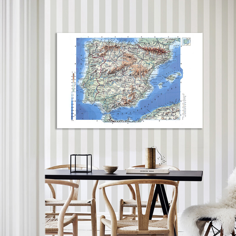Póster detallado del mapa orográfico de España, pintura en lienzo no tejida, impresiones de arte de pared, suministros escolares, decoración del hogar, 150x100cm