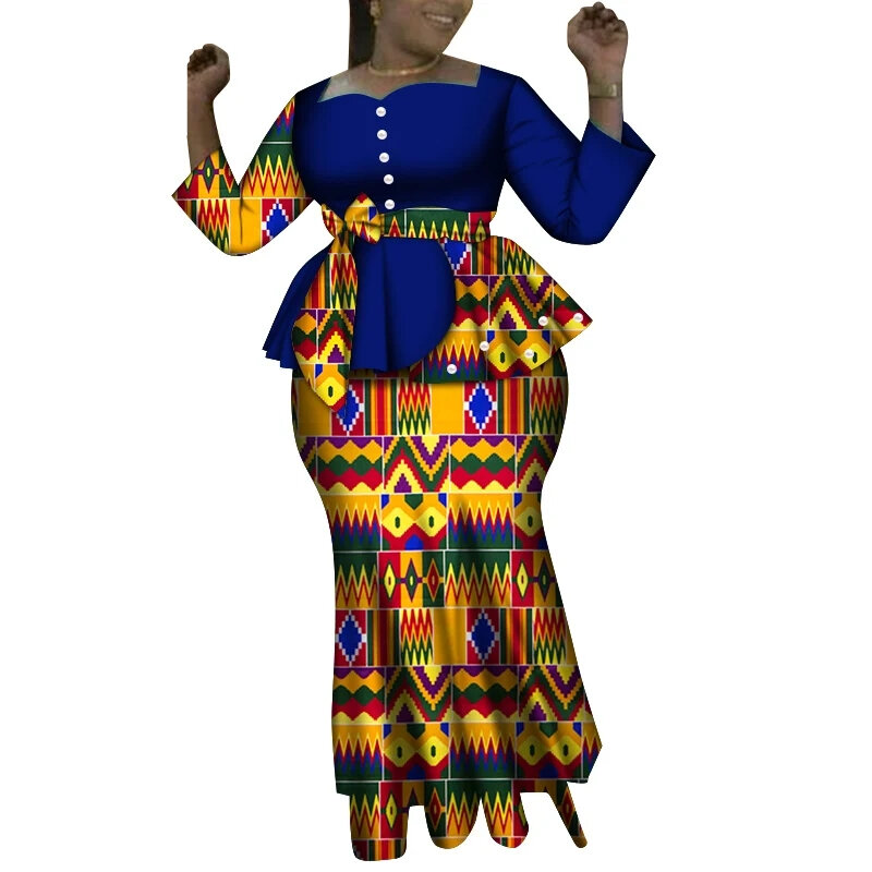 Conjuntos de saia africana dashiki de 2 peças para mulheres, tops e conjuntos de saia maxi, roupas de casamento, wy6635
