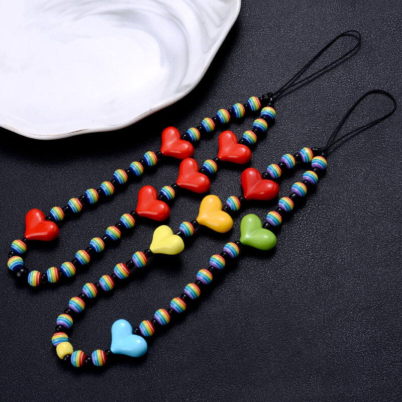8 cores moda acrílico em forma de coração contas redondas cadeias de celular anti-perdido acrílico telefone corrente cordão feminino jóias acessórios