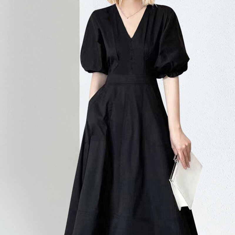 2023 Nova moda verão tendência pendulares simples v-neck cintura envolto bolha mangas Hepburn estilo cor sólida vestido das mulheres