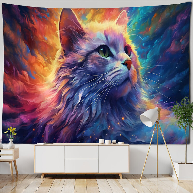 Tapisserie murale chat coloré, sorcellerie, animal psychédélique, décoration de chambre esthétique, tissu de fond rêveur, dortoir