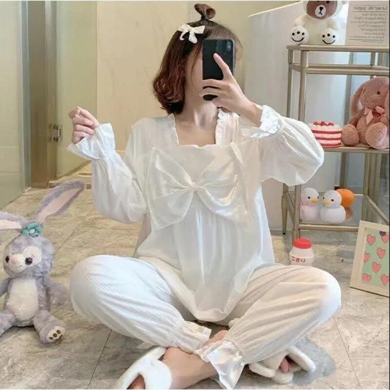 Pajama Sets Women Autumn Sleepwear Patchwork Bow Long Sleeve Full Length Chic Square Collar Sweet Lovely Home Female Pyjamas Pjs