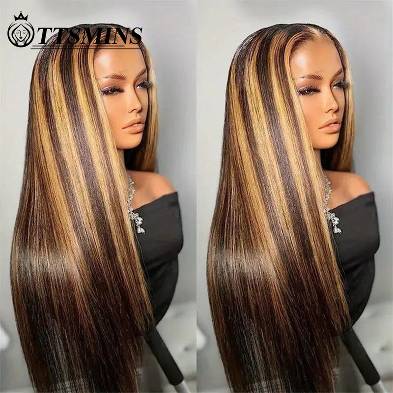 Perruque Lace Front Wig 4/27 naturelle brésilienne, cheveux lisses, blond miel ombré 180%, 13x4, pre-plucked, avec baby hair
