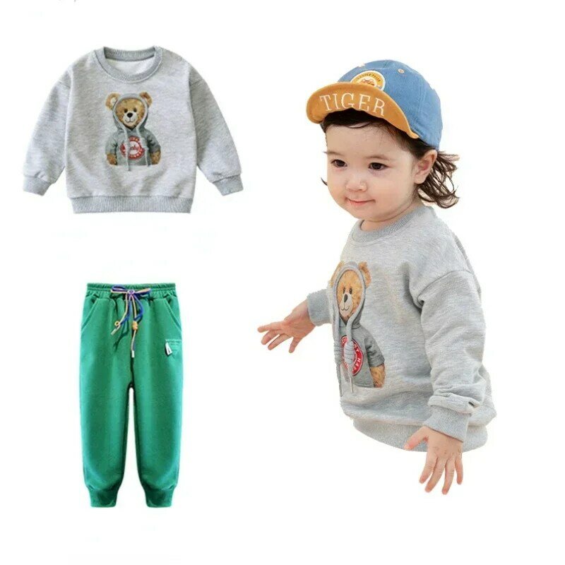 Осенний комплект одежды для маленьких девочек и мальчиков, детский спортивный свитшот с мультяшным медведем, топ и штаны, костюм из двух предметов с пуговицами, хлопковый спортивный костюм