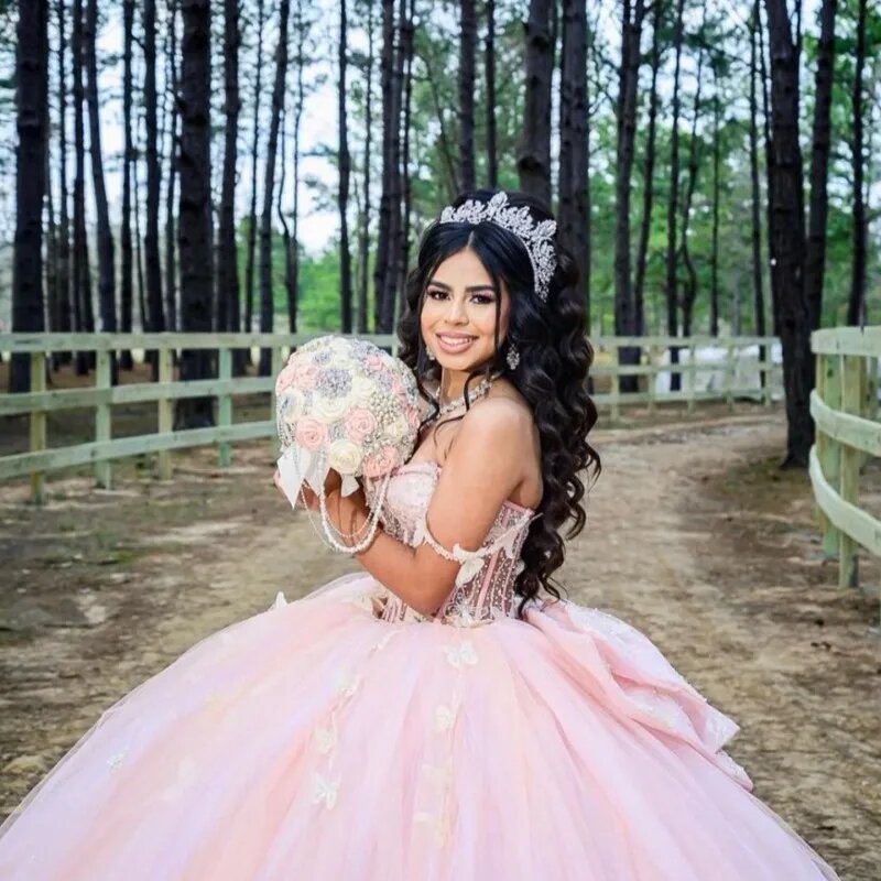 Pink Princess Quinceanera Dresses Ball Gown Off The Shoulder Tulle Appliques Sweet 16 Dresses 15 Años Mexican