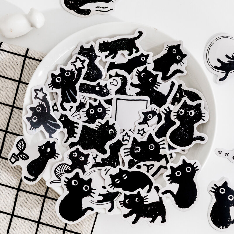 Pegatinas decorativas de gato negro pequeño Kawaii, etiqueta de álbum de recortes, diario, papelería, álbum, teléfono, diario, planificador, 45 piezas