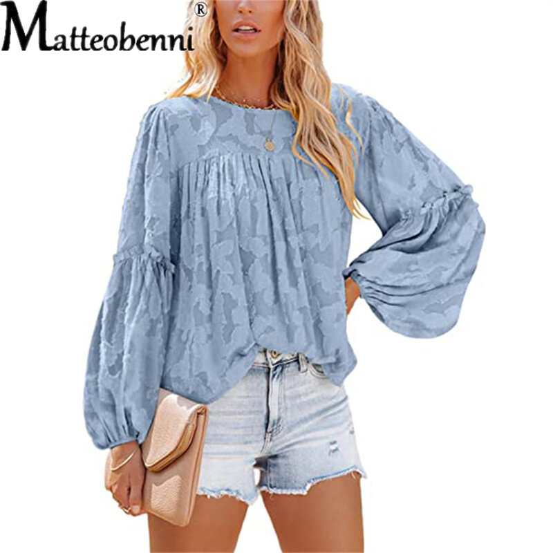 2022 Summer New Chiffon Flower Hollow Ladies Top Fashion Casual Loose Round Neck Solid Color Long Sleeve Patchwork Shirt Women