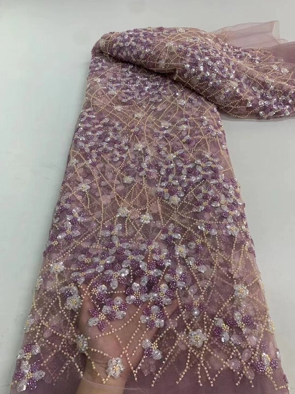 Tela de encaje con cuentas hechas a mano, malla nigeriana de tul bordado con lentejuelas de lujo, para fiesta y boda, QF0470, 2023