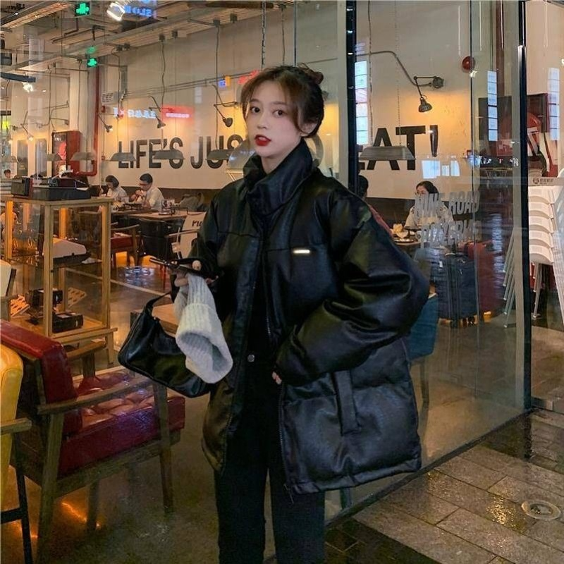 Парка женская из ПУ кожи, свободная Толстая зимняя верхняя одежда, Модный черный мешковатый офисный с воротником-стойкой и карманами, в Корейском стиле