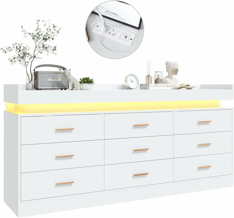 Drawer Dresser with Charging Station and LED Lights, Modern Chest of Drawers with Power Outlet, Organizer Cabinet for Bedroom