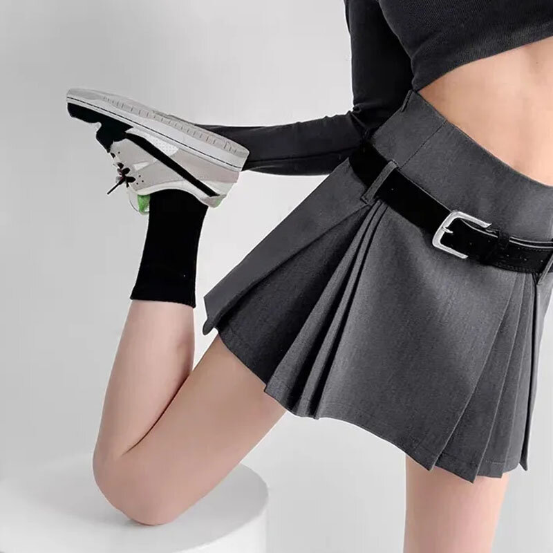 Юбка серая со встроенными шортами и поясом, Женская плиссированная юбка А-силуэта, приталенная юбка с завышенной талией, корейская мода