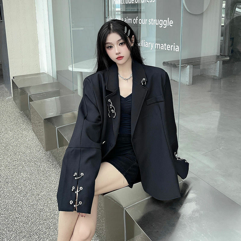 여성용 루즈 블랙 세트 재킷, 2024 패션, 가을 및 겨울 신상 정장