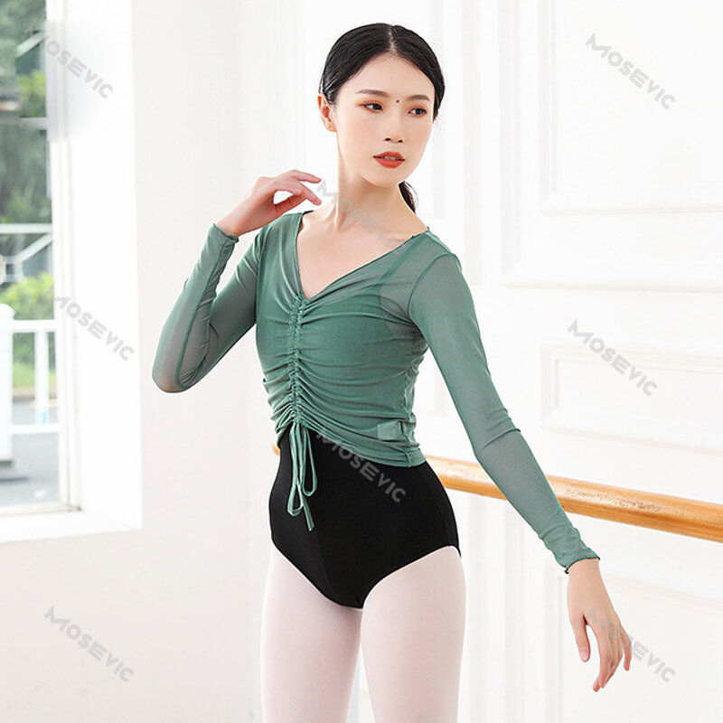Pure color mesh Womens Ballet Wrap Lyrical Dancewear Crop Dancing Costumes top Ballet Dance Practice Clothes