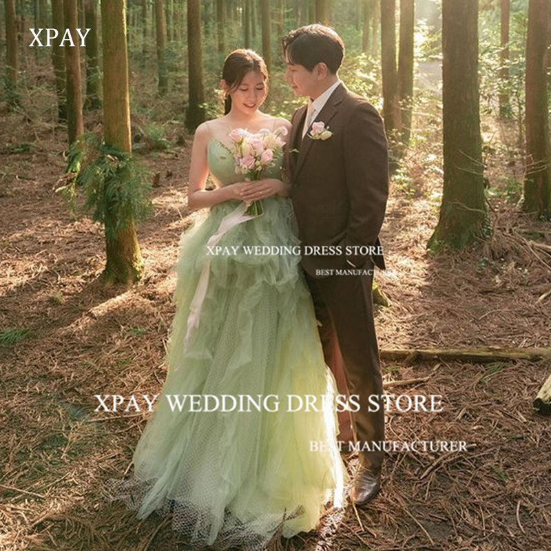 XPAY tali Spaghetti gaun malam pernikahan Korea pengambilan foto gaun pesta dansa berjenjang hijau Sage gaun acara khusus ulang tahun