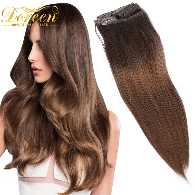 Doreen Full Head Series 22" 55cm Real Human Hair Clip in Hair Extensions Clips Sewed On Weft 120G 7Pieces Ombre Brown Hair T3/6