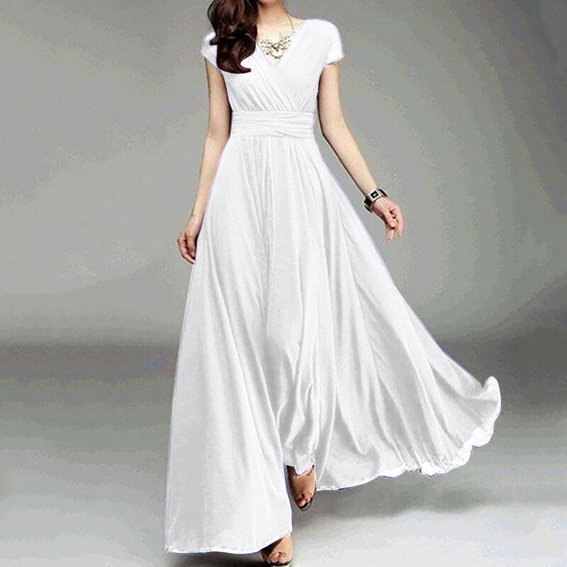 Gaun tamu pernikahan untuk wanita 2024 gaun Maxi panjang Midi makan malam lengan pendek warna polos leher V musim panas gaun pesta