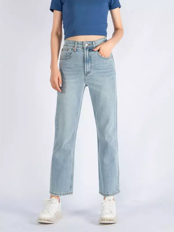 Jeans de algodão feminino reto de cintura alta, calça jeans casual, primavera e verão, 2024