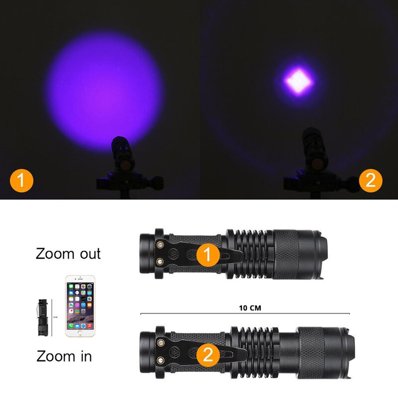 Linterna UV de 365nm, luz ultravioleta con función de Zoom, Mini luz UV negra, Detector de manchas de orina de mascotas, escorpión, uso de batería AA