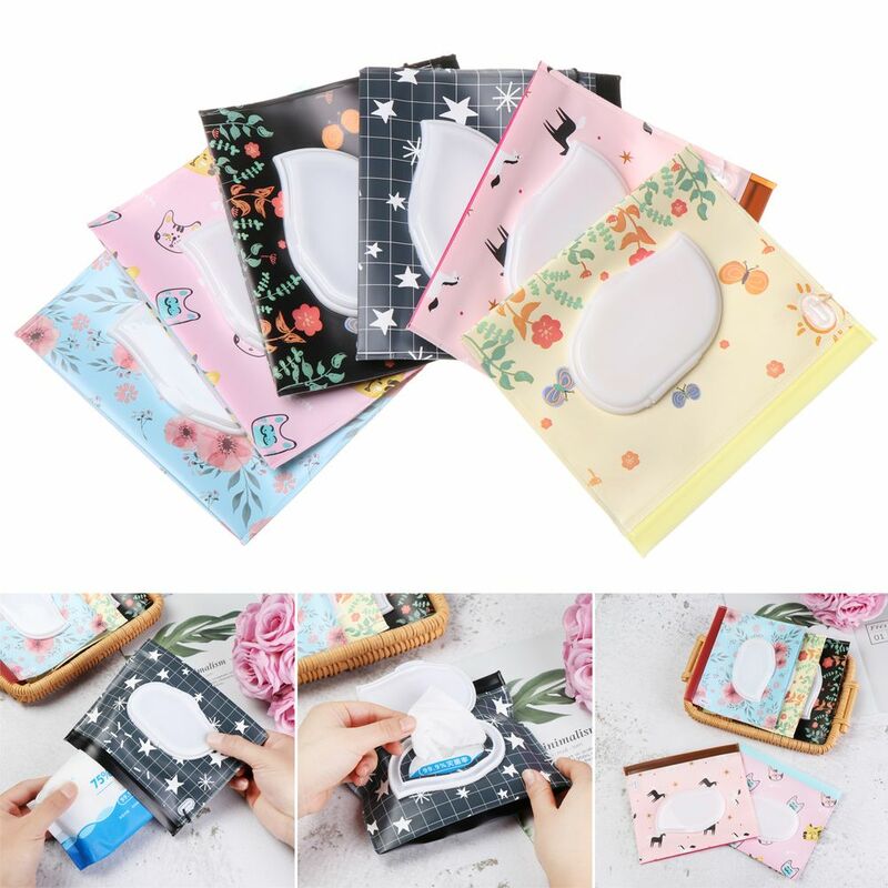 Cute Baby Product Flip Cover Snap-Strap Carrying Case Tissue Box Cosmetic Pouch Stroller Accessories Wet Wipes Bag