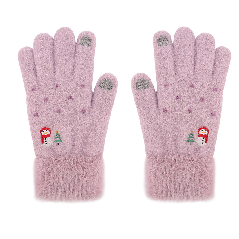 Soft Winter Warm Knitted Plush Girl Gloves Cute Snowman Embroidery Full Fingers Screen Touch Gloves Thick Furry Female Mittens