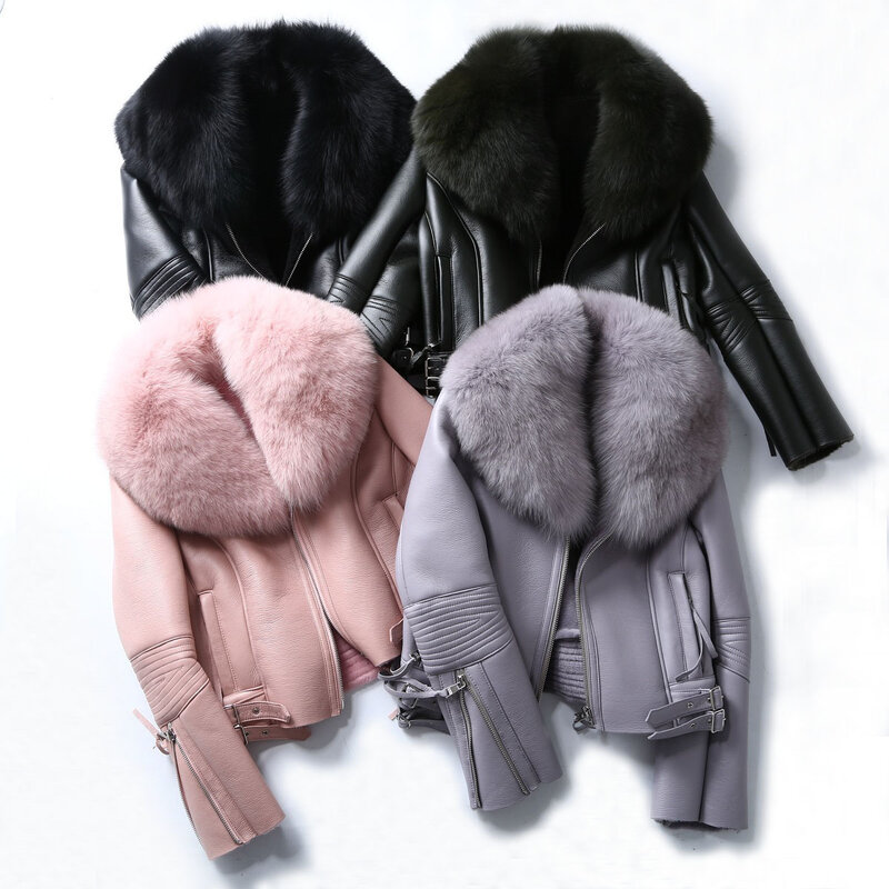 Pele coreano gola real raposa ovelhas shearling casaco de pele inverno feminino casaco de couro genuíno jaqueta de pele de cordeiro roupas de luxo