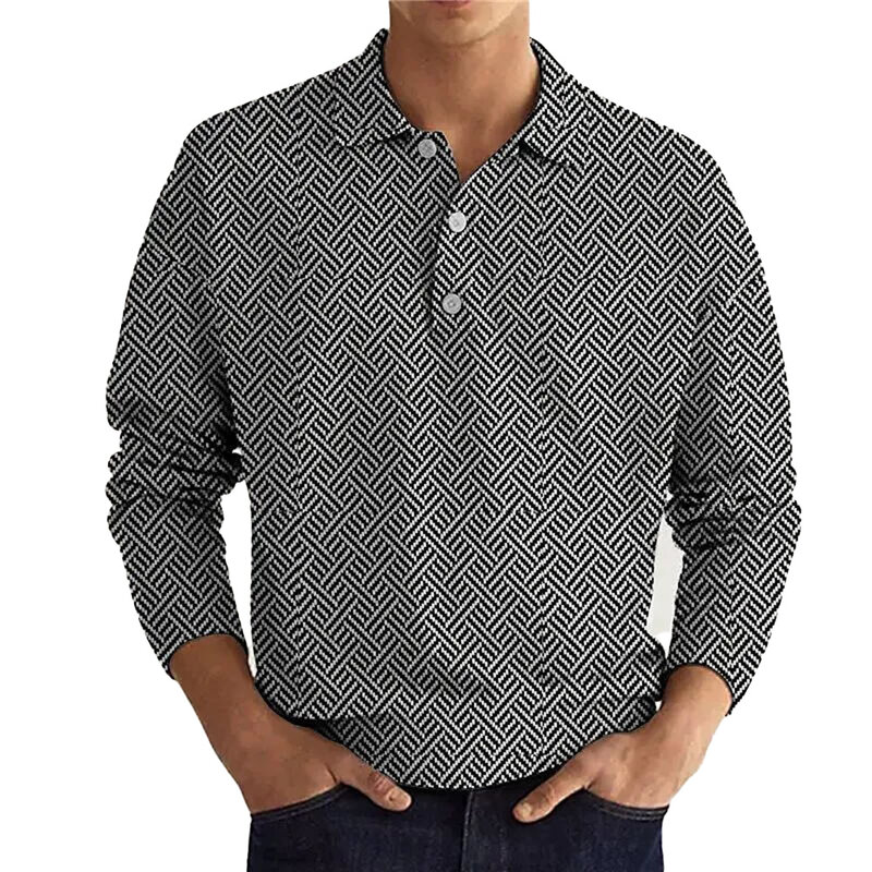 Kemeja Polos pria, pakaian atasan kaus olahraga berkancing lengan panjang motif 3D kasual Vintage