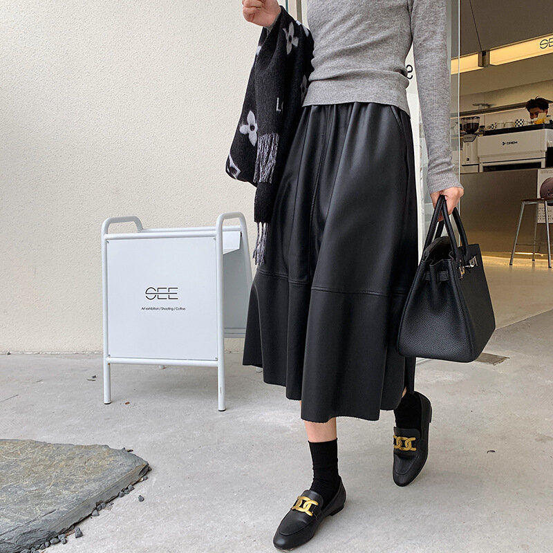 Falda de piel de oveja auténtica para mujer, falda moderna elástica de cintura alta, nuevo estilo, 2023