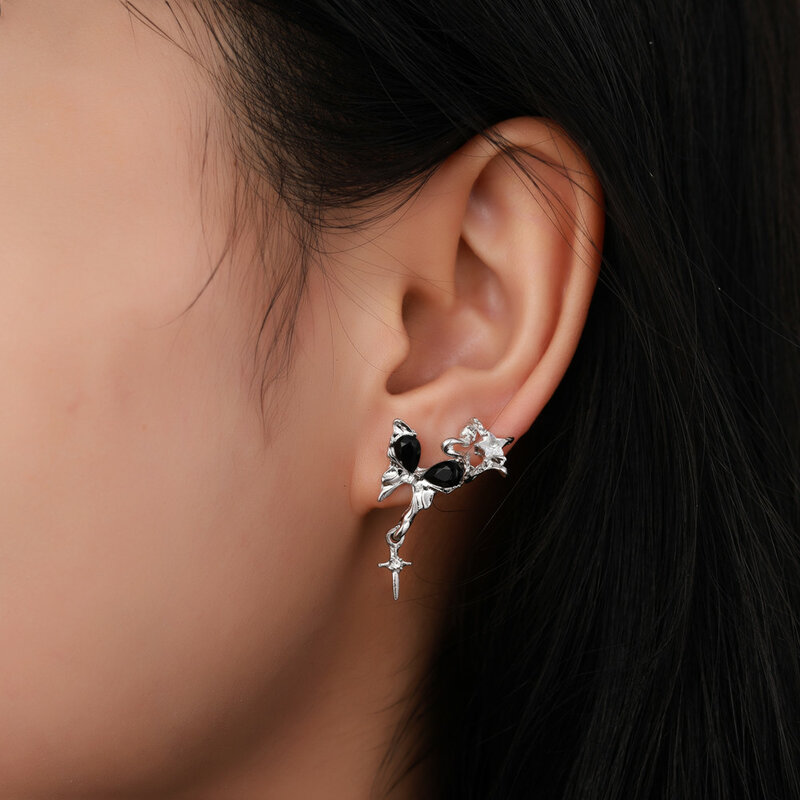 Goth schwarzer Schmetterling Kristall Stern Ohrring Set für Frauen Mädchen Vintage ästhetische Herz Ohr stecker trend ige y2k Schmuck Accessoires